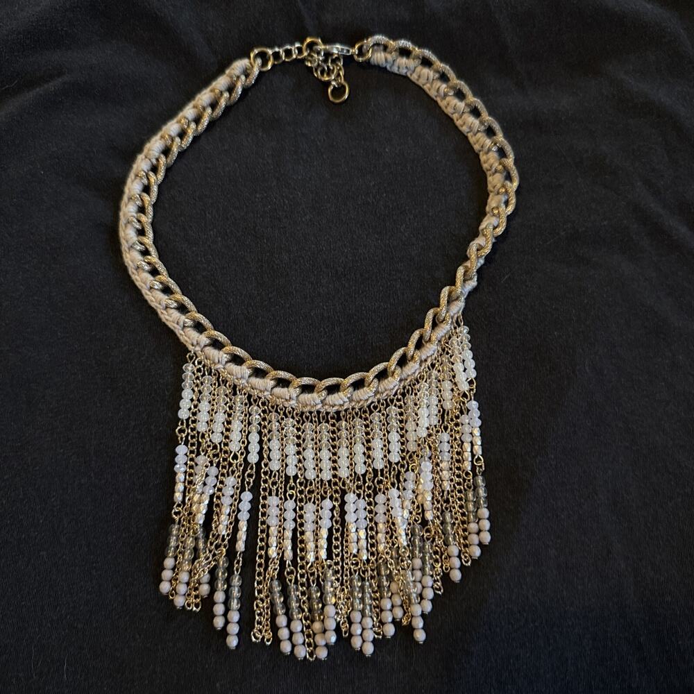 Anthropologie Bib Necklace Grey And Gold Beaded 16”